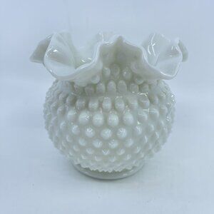 vintage fenton white milk glass hobnail ruffled edge vase 5" tall